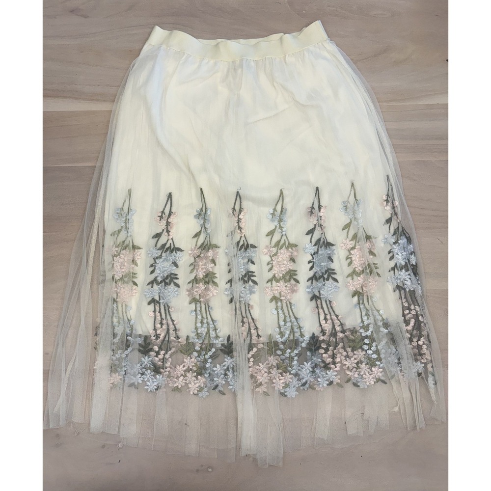 Floral Embroidered Tulle Midi Skirt Cream Ivory Pastel Elastic Waist Size M/L